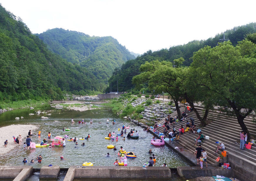초록빛 산으로 둘러쌓인 계곡에 아이들이 색색의 튜브를 가지고 물놀이를 즐기고 있다.